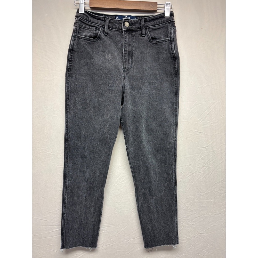 Hollister High‎ Rise Mom Jeans Womens Charcoal Black Raw Hem Denim Stretch 3 R